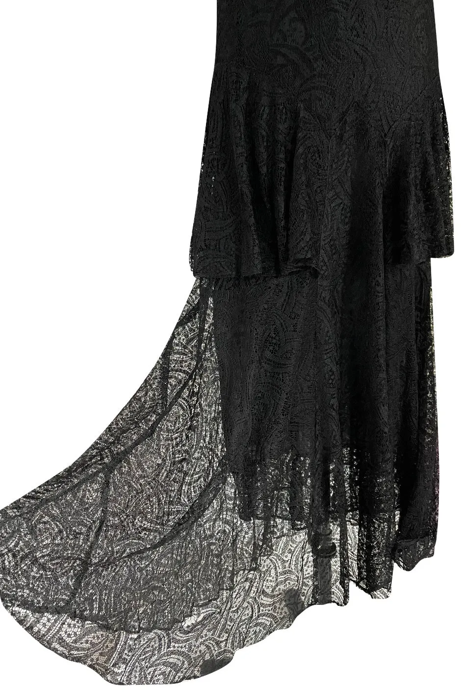 Light as Air Late 1920s Unlabeled Fine Black Lace Dress w Matching Jacket & Rhinestone BuckleBelt