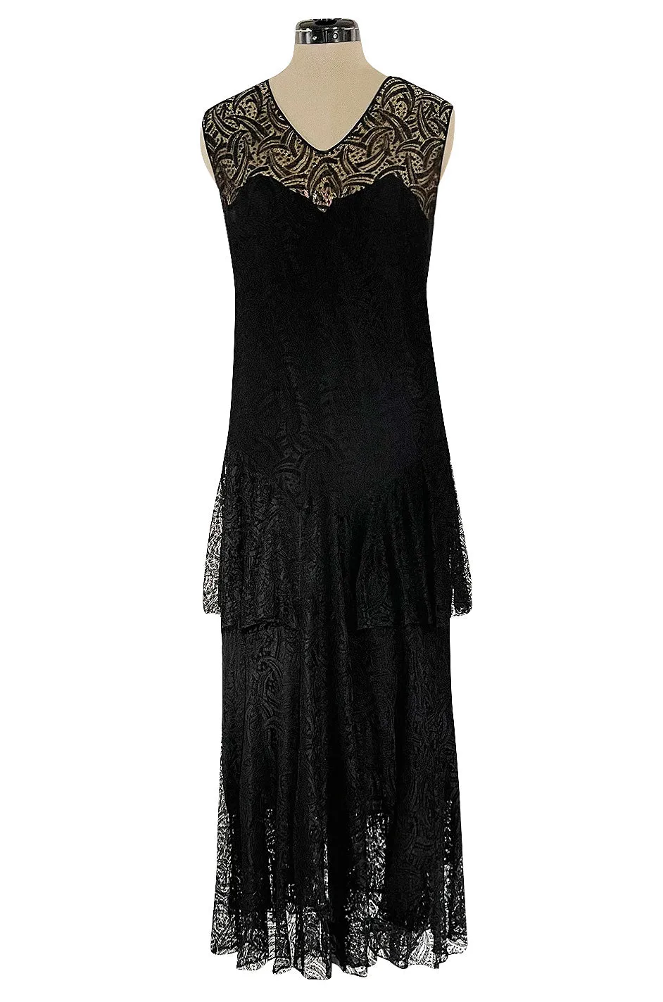 Light as Air Late 1920s Unlabeled Fine Black Lace Dress w Matching Jacket & Rhinestone BuckleBelt
