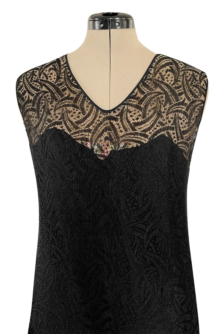 Light as Air Late 1920s Unlabeled Fine Black Lace Dress w Matching Jacket & Rhinestone BuckleBelt