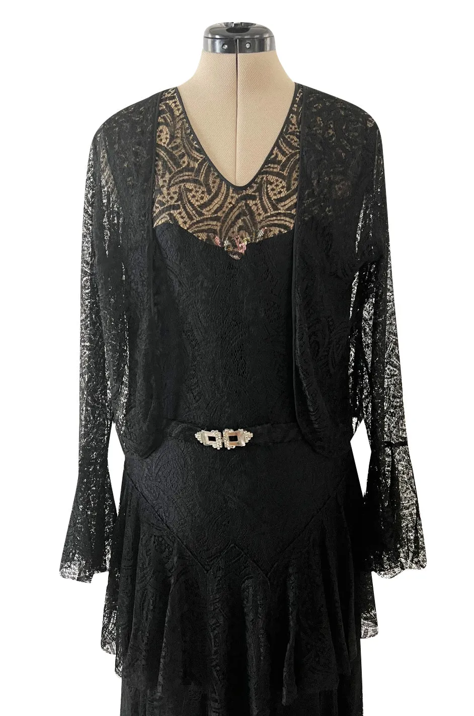 Light as Air Late 1920s Unlabeled Fine Black Lace Dress w Matching Jacket & Rhinestone BuckleBelt