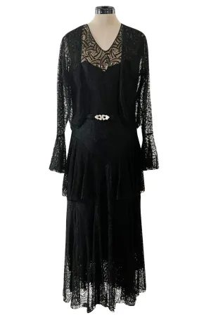 Light as Air Late 1920s Unlabeled Fine Black Lace Dress w Matching Jacket & Rhinestone BuckleBelt