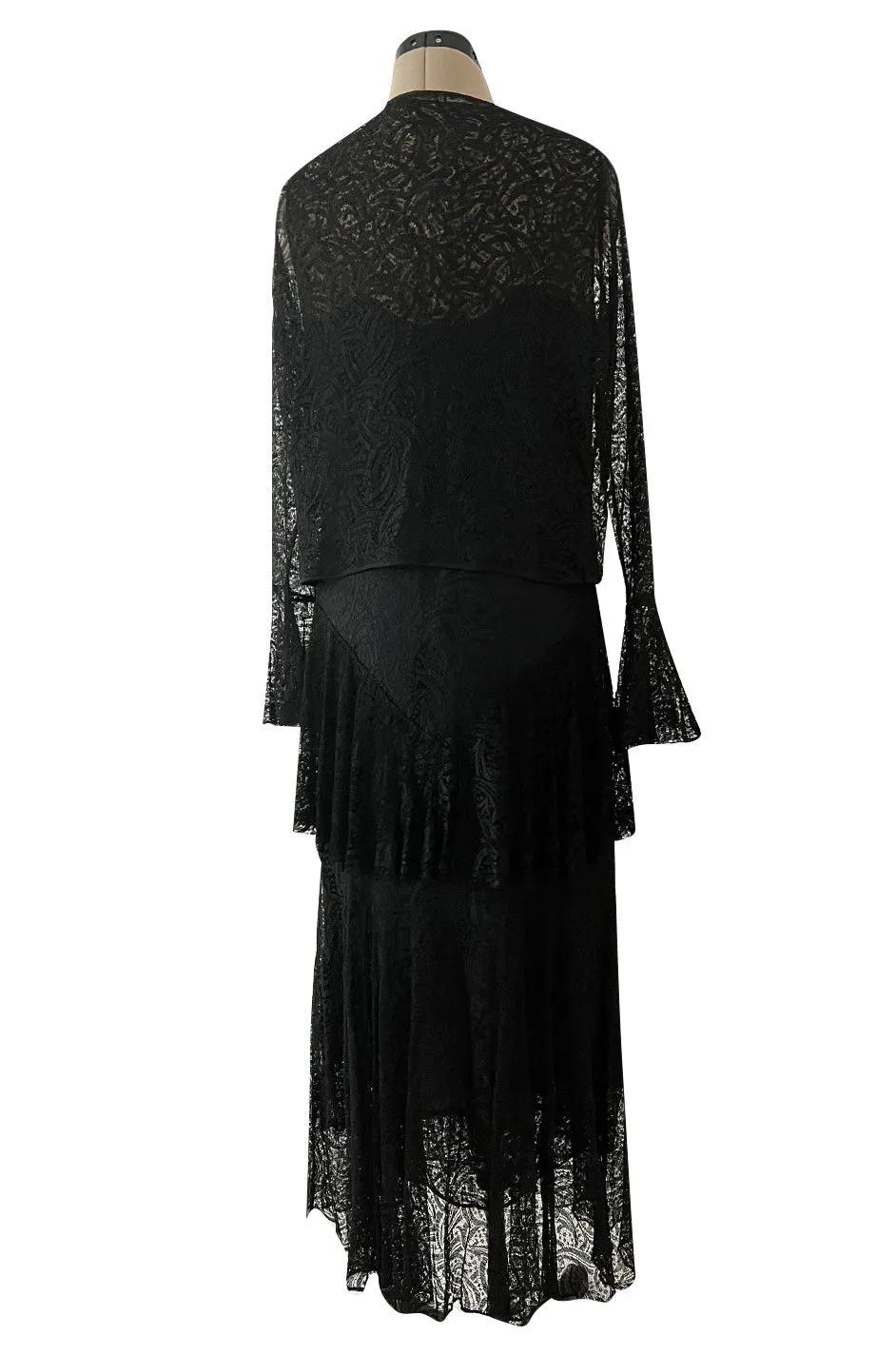 Light as Air Late 1920s Unlabeled Fine Black Lace Dress w Matching Jacket & Rhinestone BuckleBelt