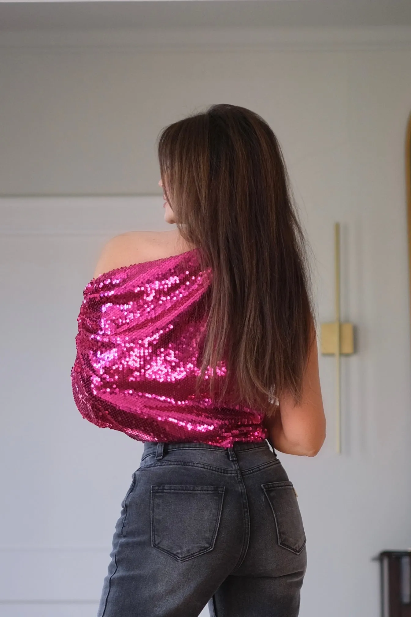 Lila Pink Sequin Off the Shoulder Blouse