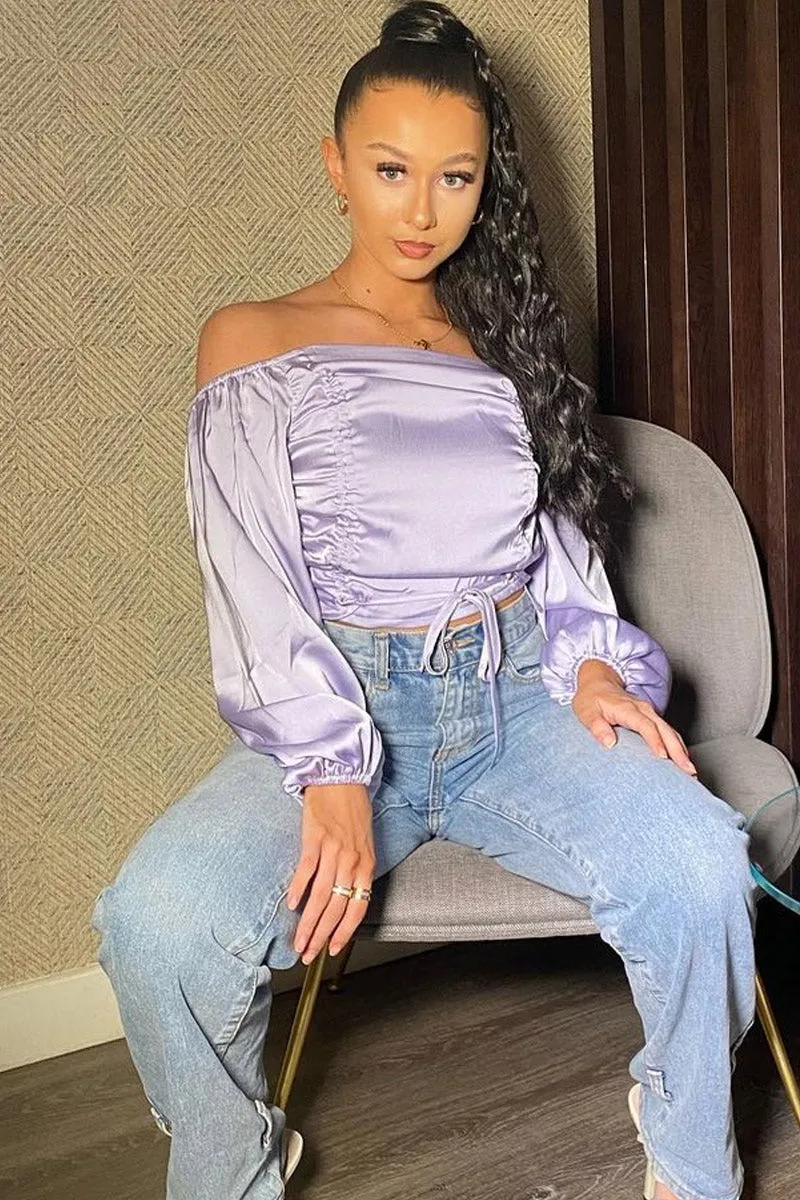 Lilac Off The Shoulder Front Ruching Crop Top - Maxie