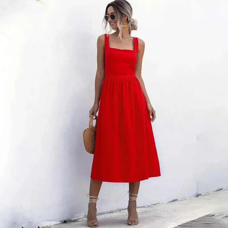 Long Backless Summer Dress Sexy Casual Ruched Midi Sundresses Pleated Spaghetti Straps