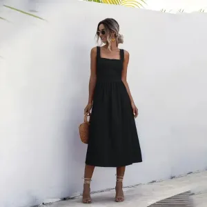 Long Backless Summer Dress Sexy Casual Ruched Midi Sundresses Pleated Spaghetti Straps