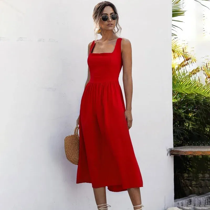 Long Backless Summer Dress Sexy Casual Ruched Midi Sundresses Pleated Spaghetti Straps