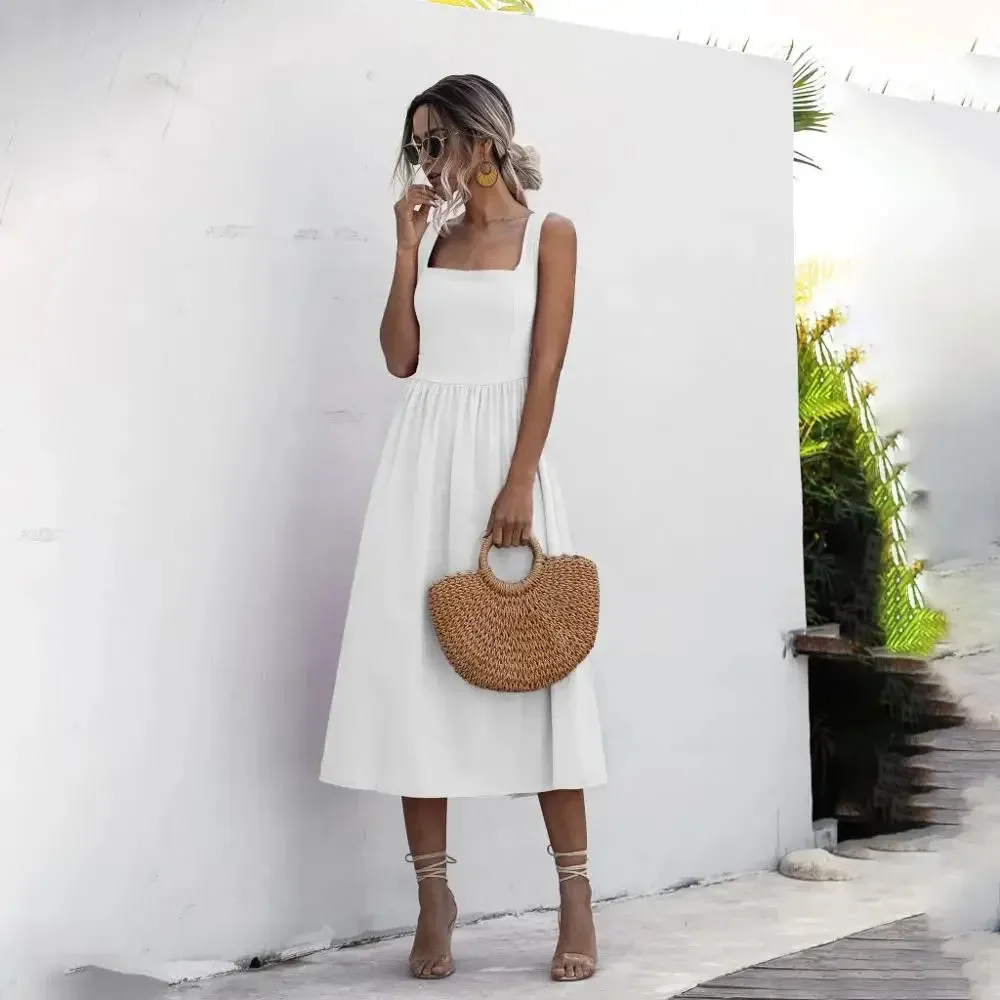 Long Backless Summer Dress Sexy Casual Ruched Midi Sundresses Pleated Spaghetti Straps