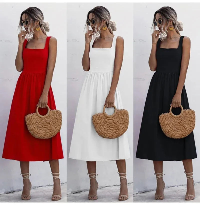 Long Backless Summer Dress Sexy Casual Ruched Midi Sundresses Pleated Spaghetti Straps