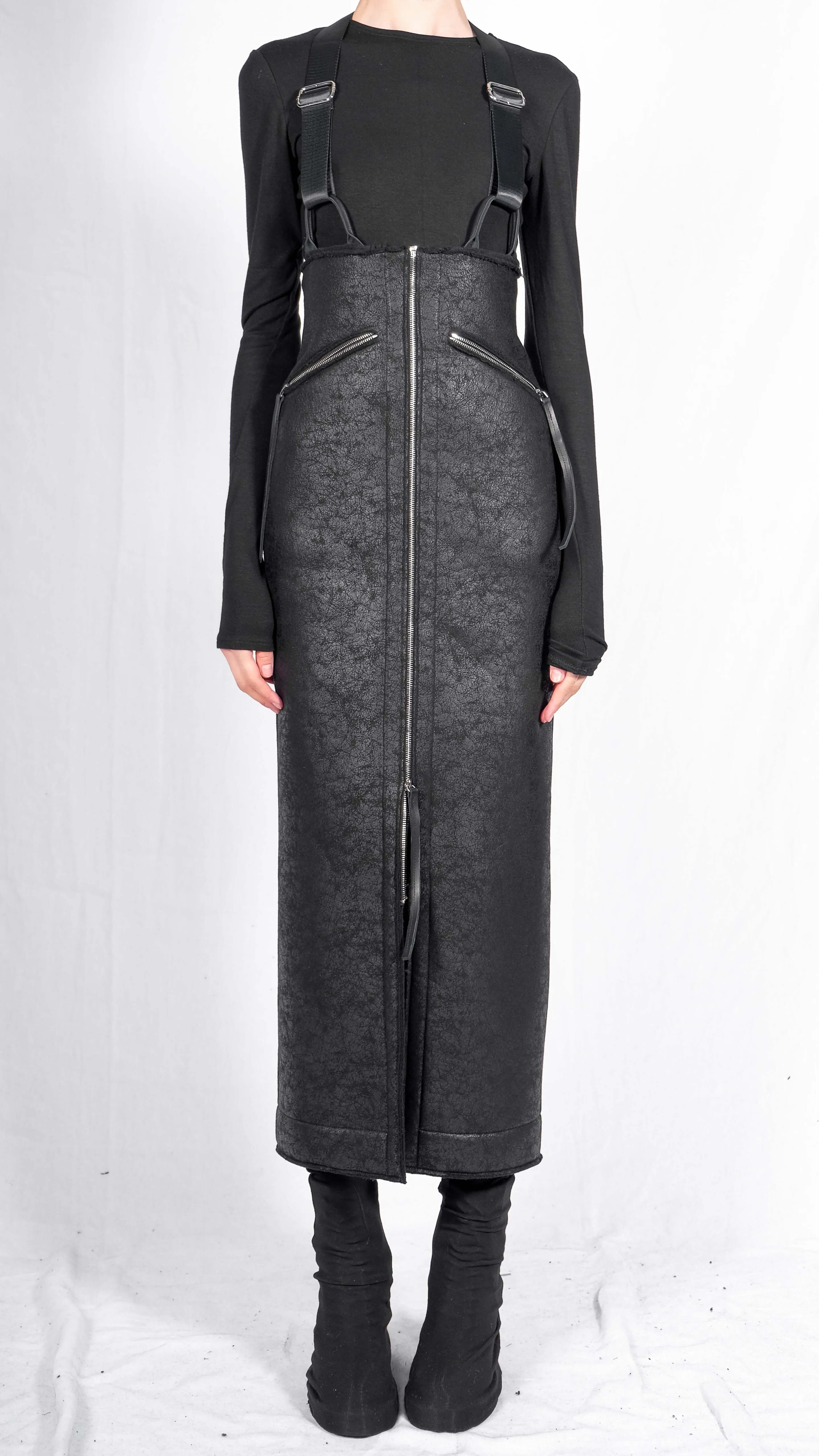 Long Leather Effect Skirt with Braces