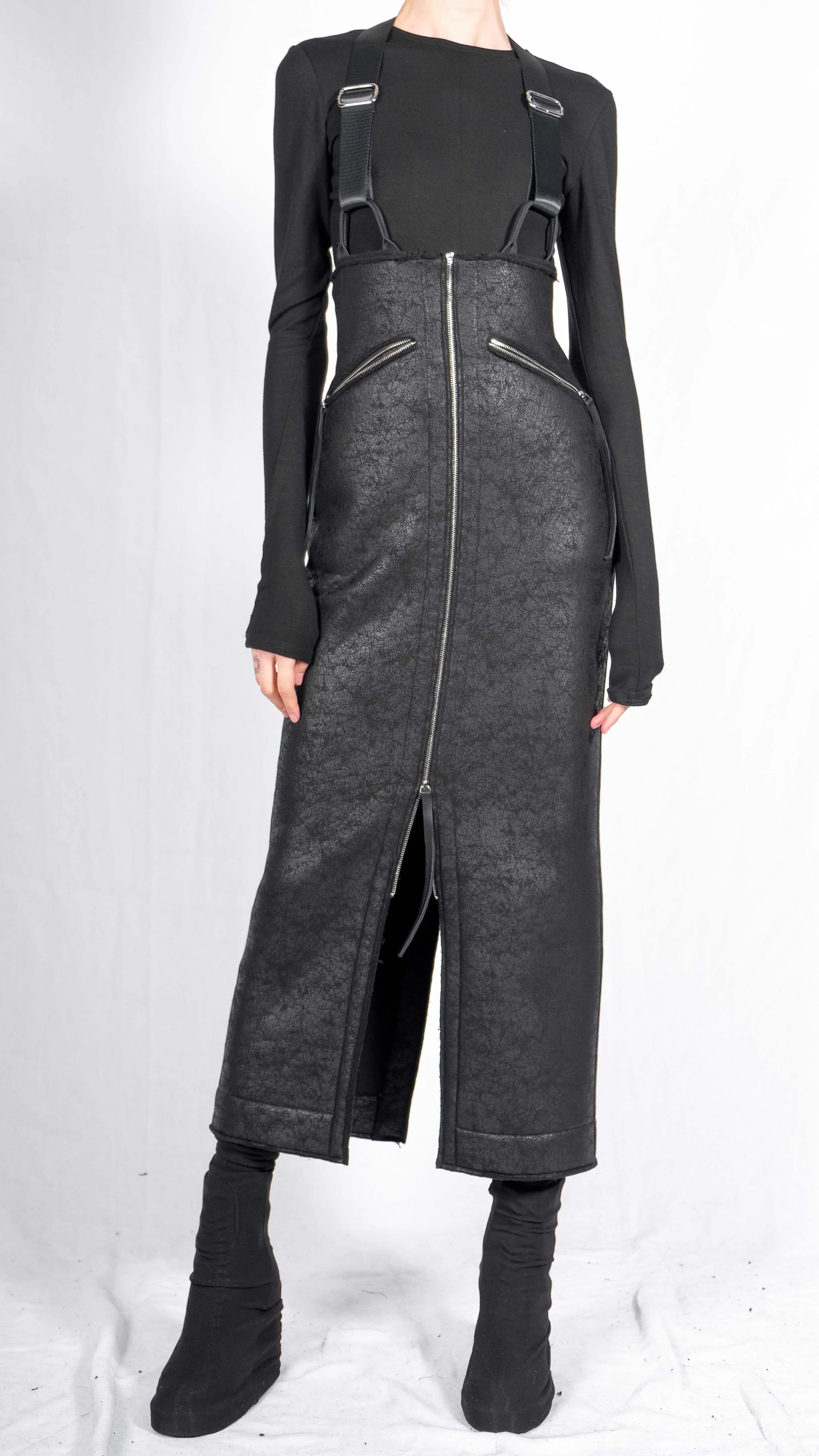 Long Leather Effect Skirt with Braces