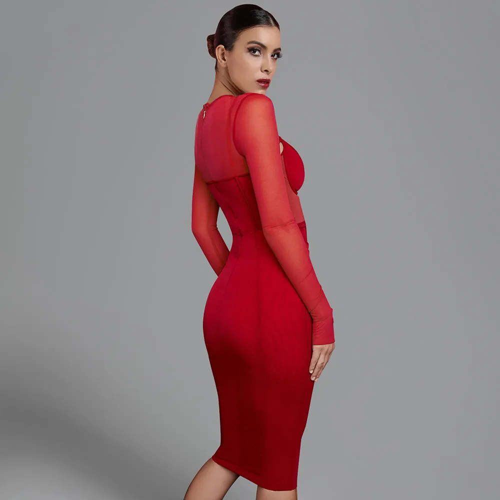 Long Sleeve Cut Out Mesh Bandage Dress PP211028