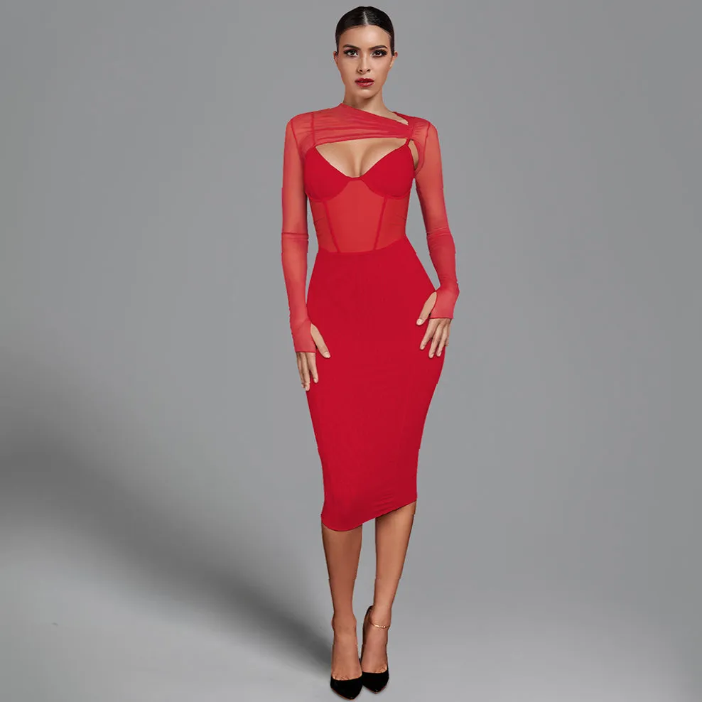Long Sleeve Cut Out Mesh Bandage Dress PP211028