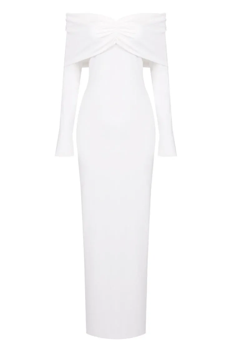 Long Sleeve Off-Shoulder Bandeau Shirred Maxi Dress