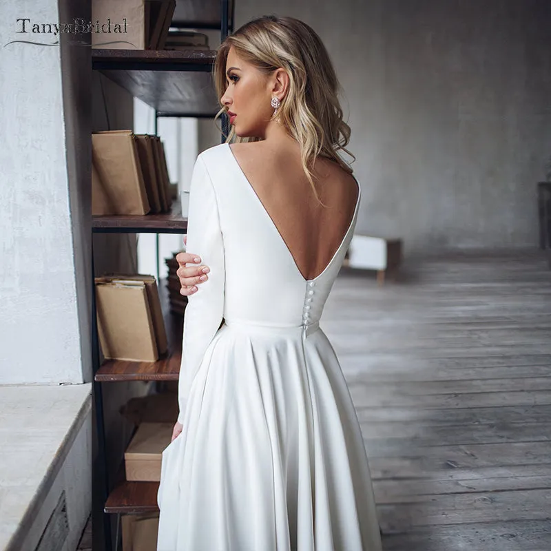 Long Sleeves Mermaid Satin Open Back Wedding Dresses