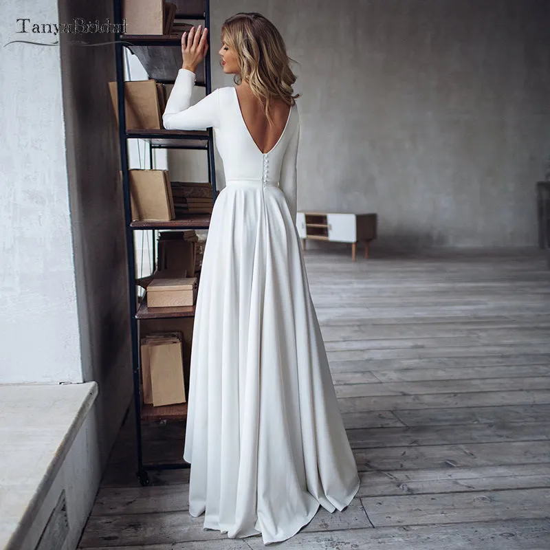 Long Sleeves Mermaid Satin Open Back Wedding Dresses