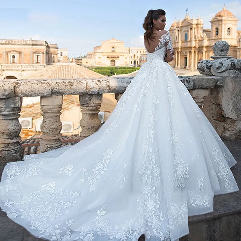 Long Sleeves Wedding Dresses Open Back White Lace Applique Bridal Dress