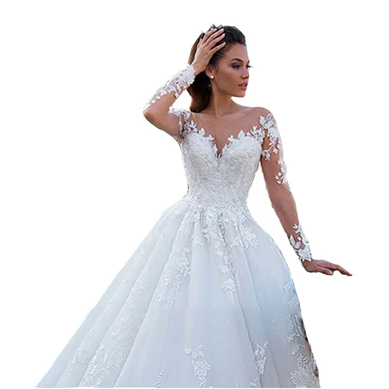 Long Sleeves Wedding Dresses Open Back White Lace Applique Bridal Dress
