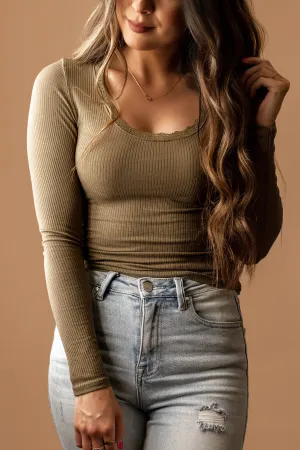 Love Yourself Lace Trim Long Sleeve Top (Olive)