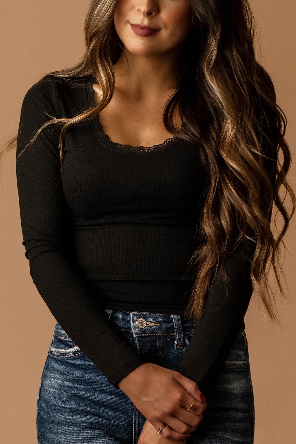 Love Yourself Lace Trim Long Sleeve Top (Olive)