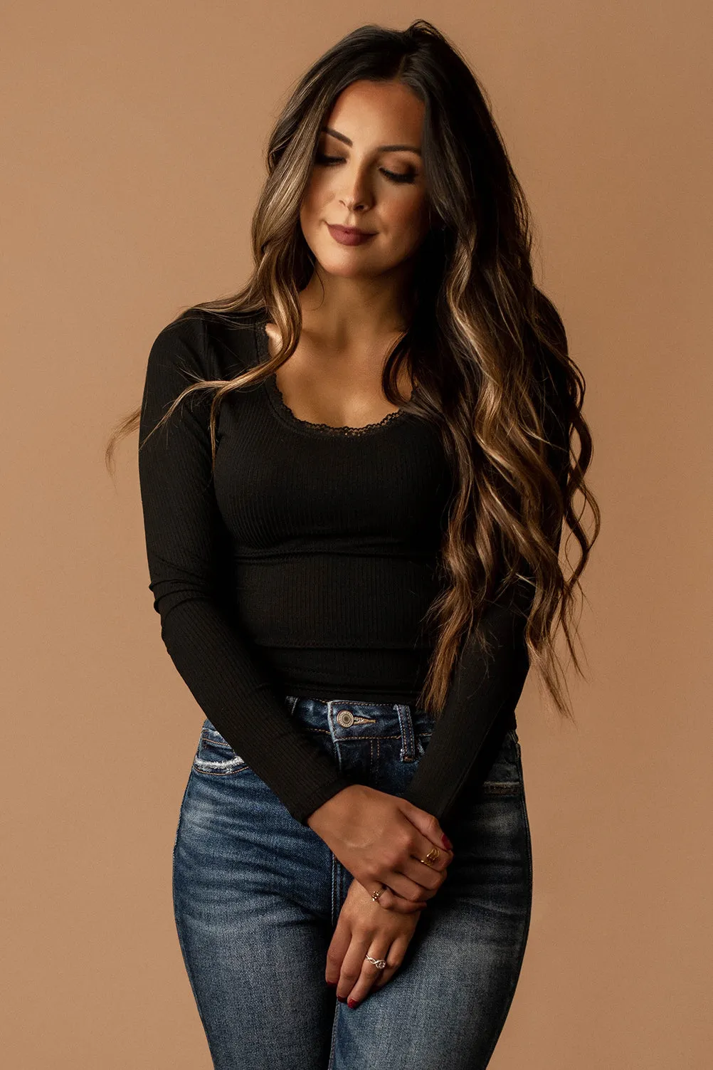 Love Yourself Lace Trim Long Sleeve Top (Olive)