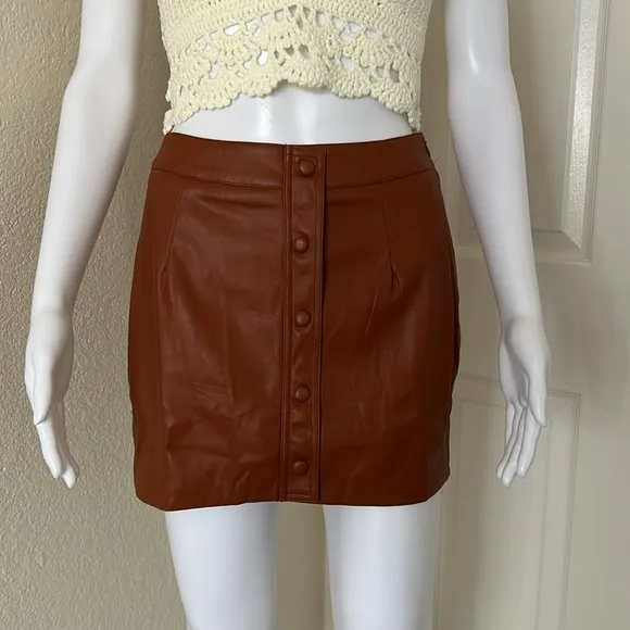Lulu's Most Fab Brown Vegan Leather Button-Front side zip Mini Skirt - XS &amp; M