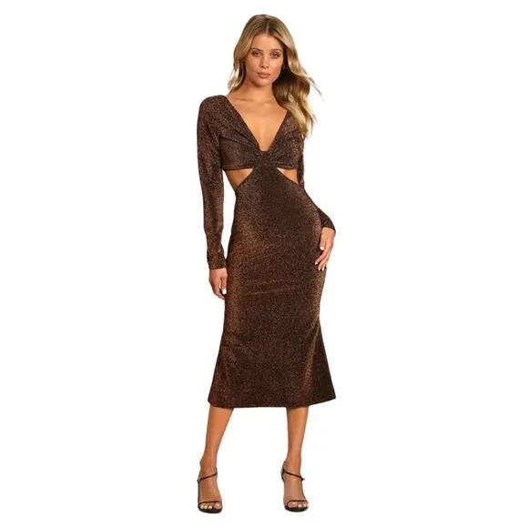 Lulus Sparks of Love Metallic Bronze Cutout Long Sleeve Midi Dress, Size XL, NWT