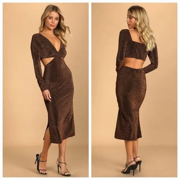Lulus Sparks of Love Metallic Bronze Cutout Long Sleeve Midi Dress, Size XL, NWT