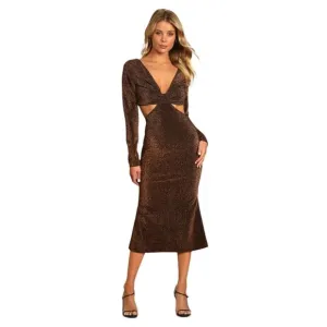 Lulus Sparks of Love Metallic Bronze Cutout Long Sleeve Midi Dress, Size XL, NWT