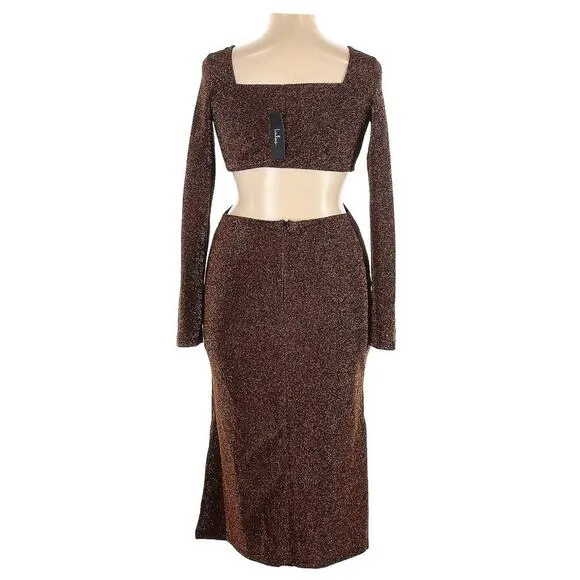 Lulus Sparks of Love Metallic Bronze Cutout Long Sleeve Midi Dress, Size XL, NWT