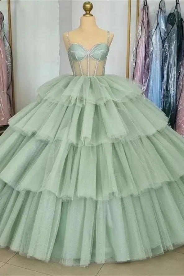 Luxury Spaghetti Straps Party Gown Tiered Tulle Ball Gown