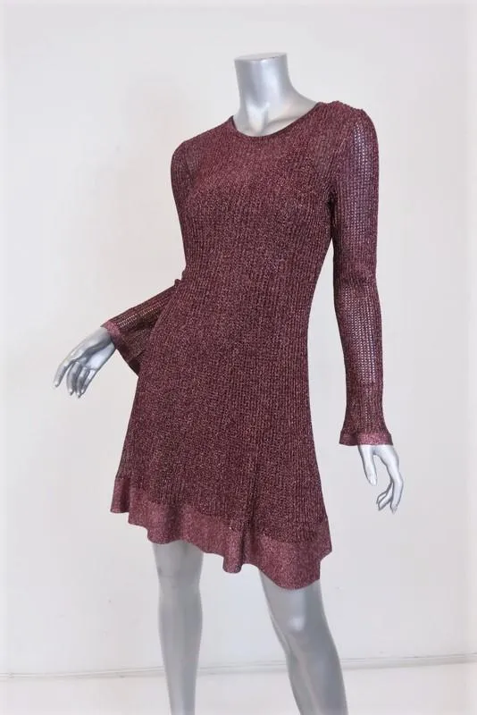 M Missoni Dress Pink Metallic Knit Size 42 Long Sleeve Ruffle-Hem Mini NEW