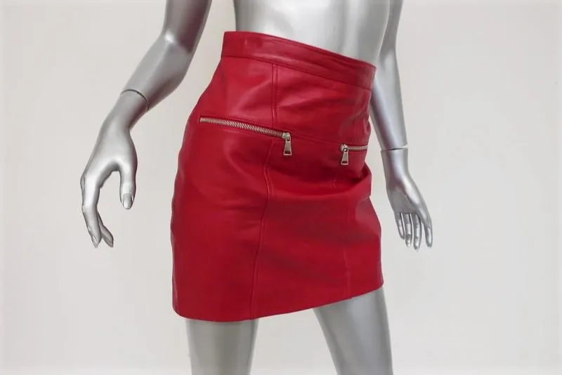 M Missoni Leather Mini Skirt Red Size 42 Asymmetric Zip