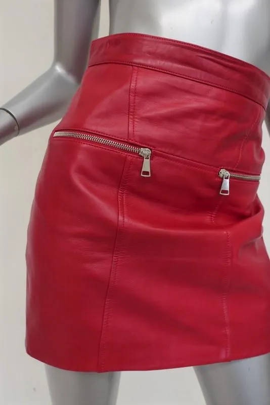 M Missoni Leather Mini Skirt Red Size 42 Asymmetric Zip