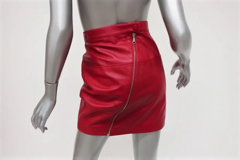 M Missoni Leather Mini Skirt Red Size 42 Asymmetric Zip