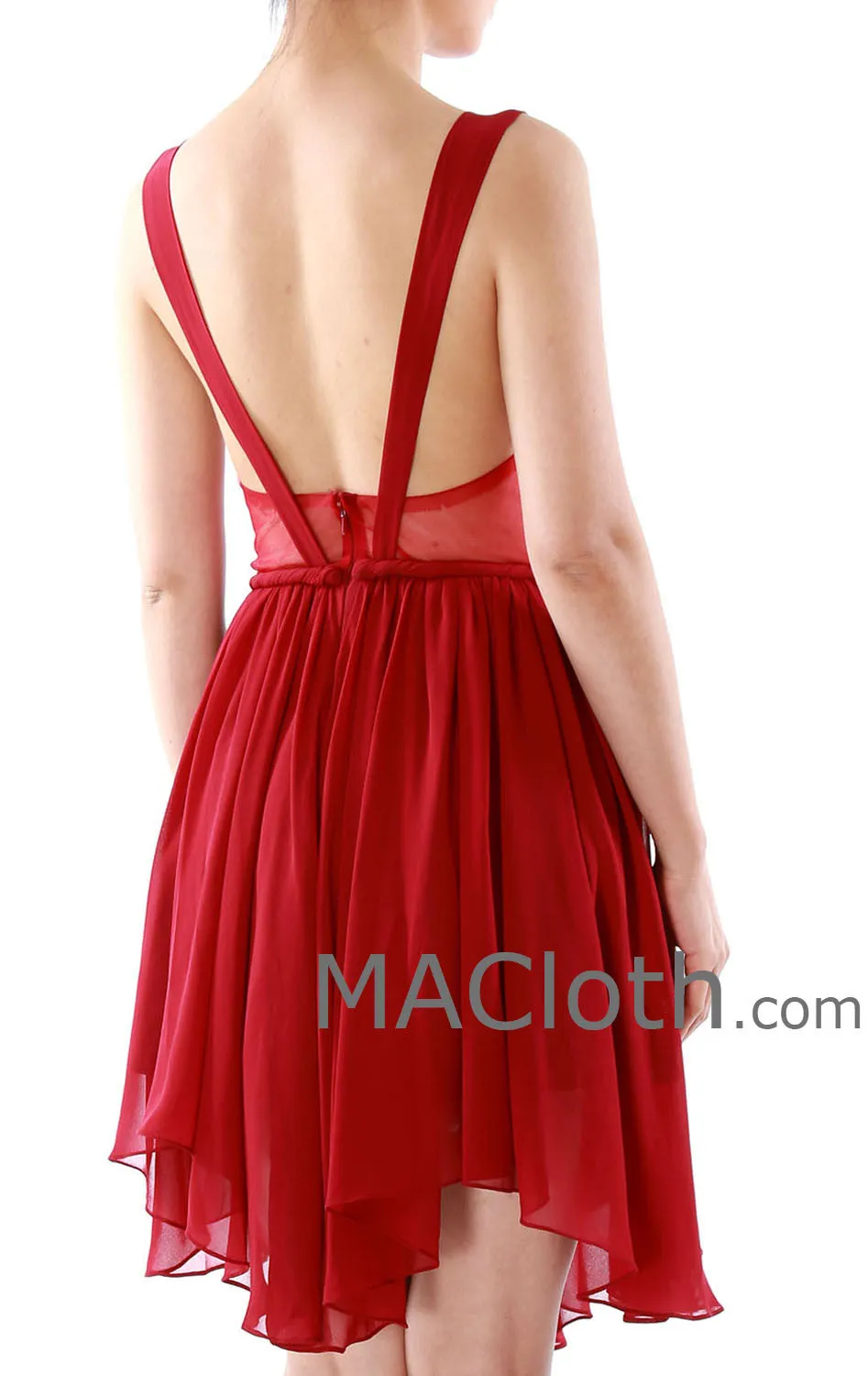 MACloth Straps V Neck Short Chiffon Prom Dress, Burgundy Homecoming Dress 160132