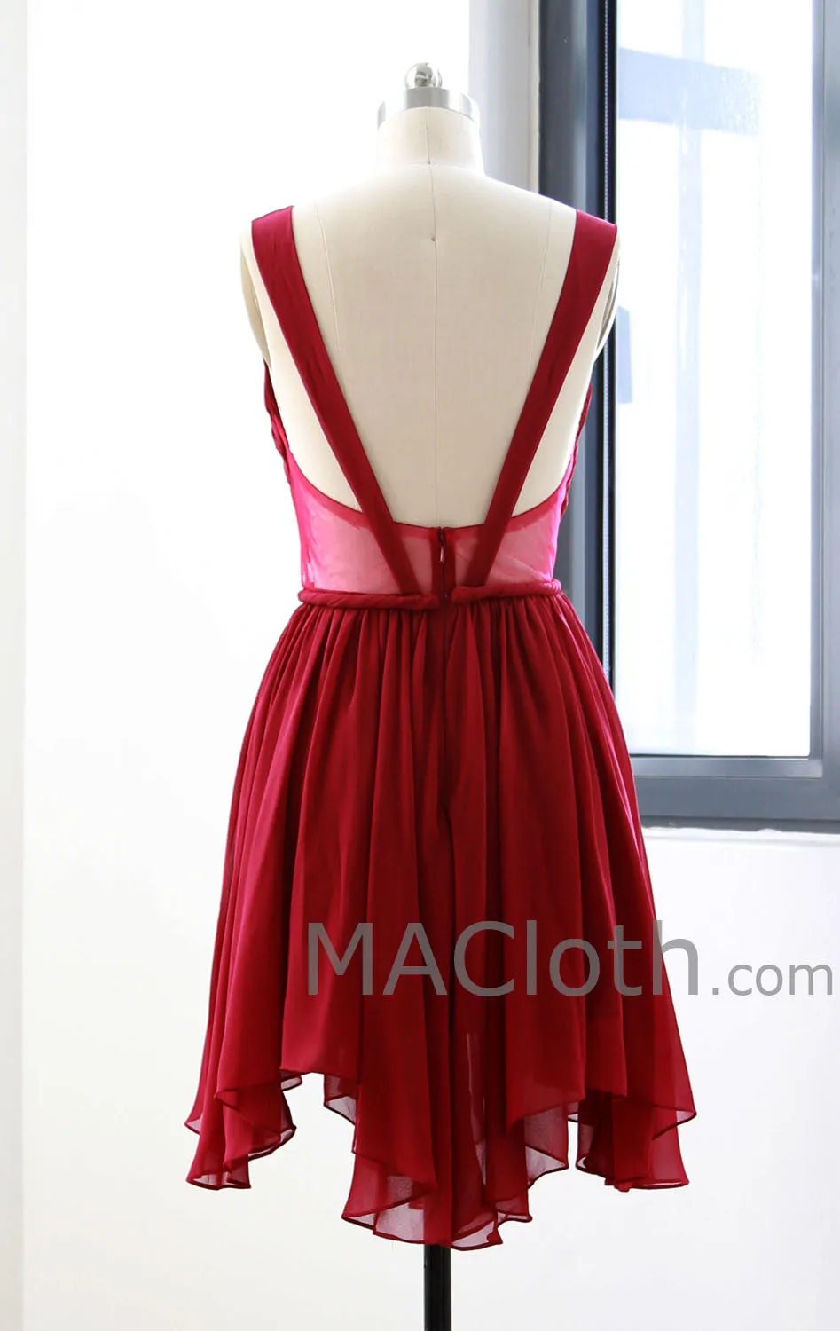 MACloth Straps V Neck Short Chiffon Prom Dress, Burgundy Homecoming Dress 160132