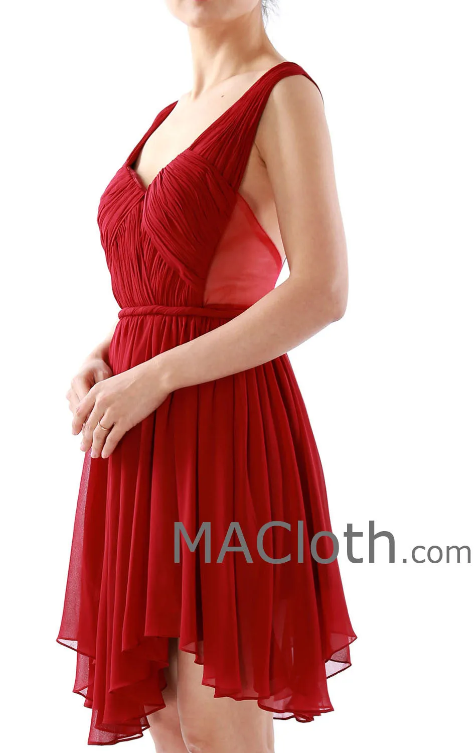 MACloth Straps V Neck Short Chiffon Prom Dress, Burgundy Homecoming Dress 160132