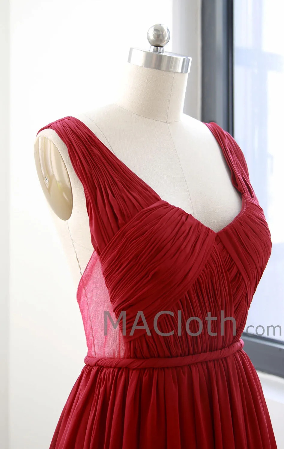 MACloth Straps V Neck Short Chiffon Prom Dress, Burgundy Homecoming Dress 160132