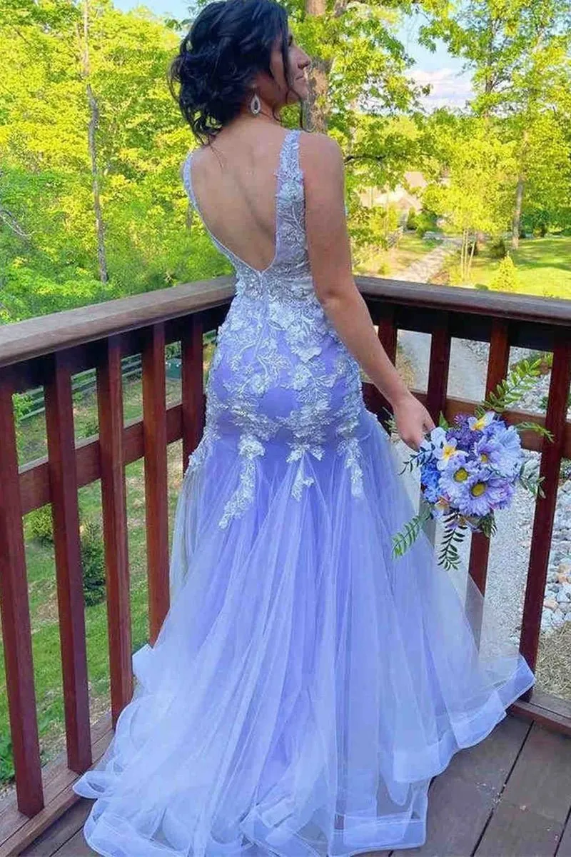 Mermaid / Trumpet Prom Dresses Floral Dress Formal Sweep / Brush Train Sleeveless V Neck Tulle with Ruffles Appliques