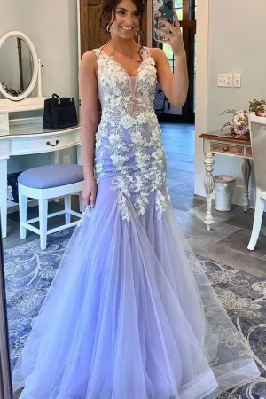 Mermaid / Trumpet Prom Dresses Floral Dress Formal Sweep / Brush Train Sleeveless V Neck Tulle with Ruffles Appliques