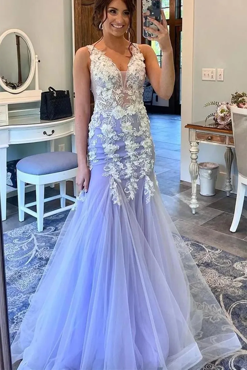 Mermaid / Trumpet Prom Dresses Floral Dress Formal Sweep / Brush Train Sleeveless V Neck Tulle with Ruffles Appliques