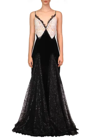 Metallic Black And White Lace And Velvet Gown With Lace Godets