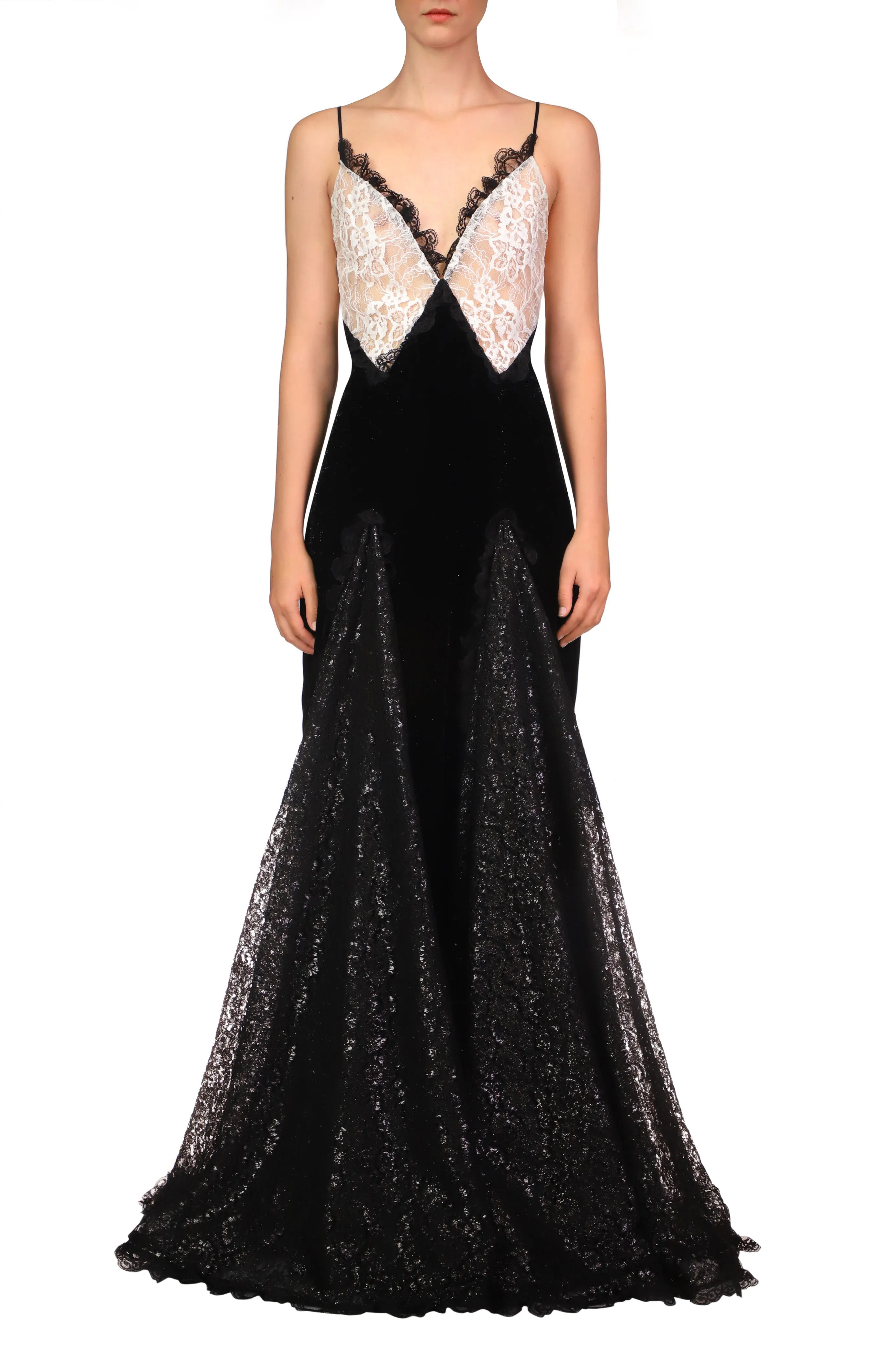 Metallic Black And White Lace And Velvet Gown With Lace Godets