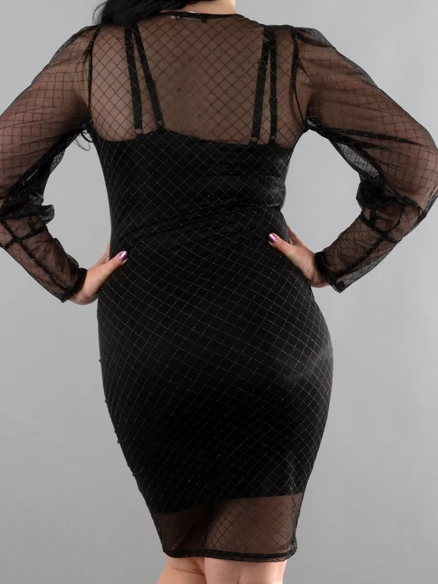 Metallic Gold Windowpane Mesh Dress