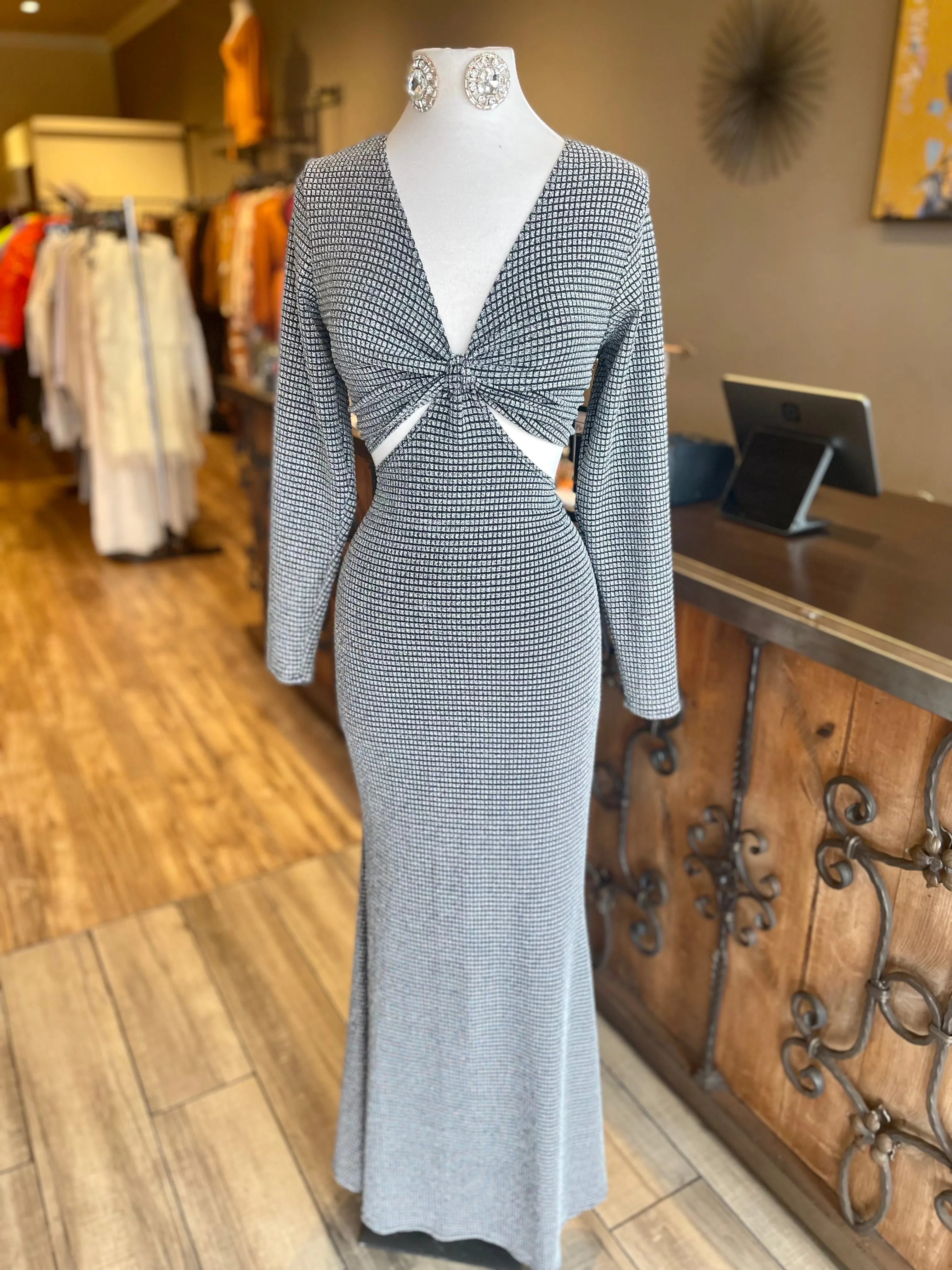 Metallic Knit Deep V Crop Long Dress