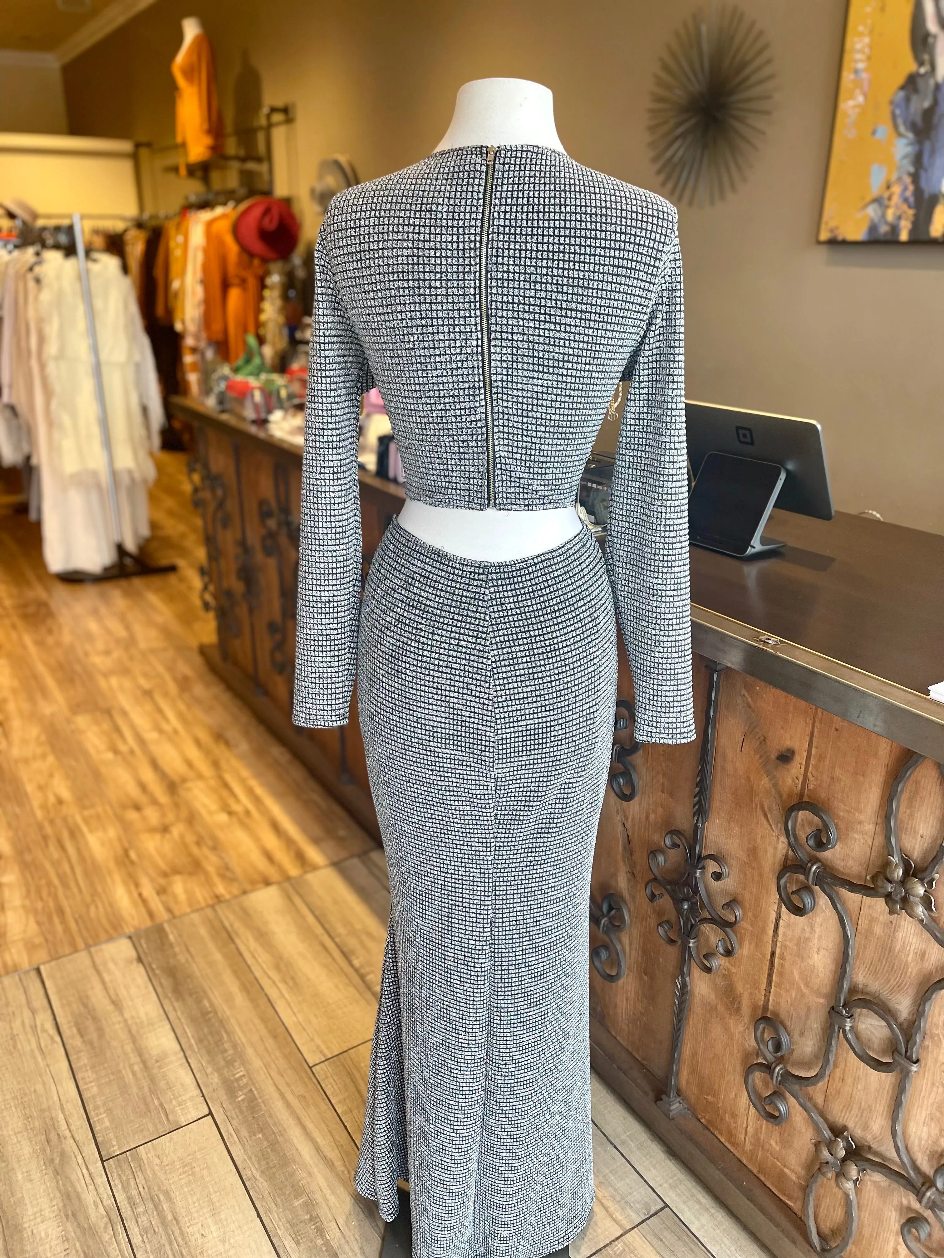 Metallic Knit Deep V Crop Long Dress
