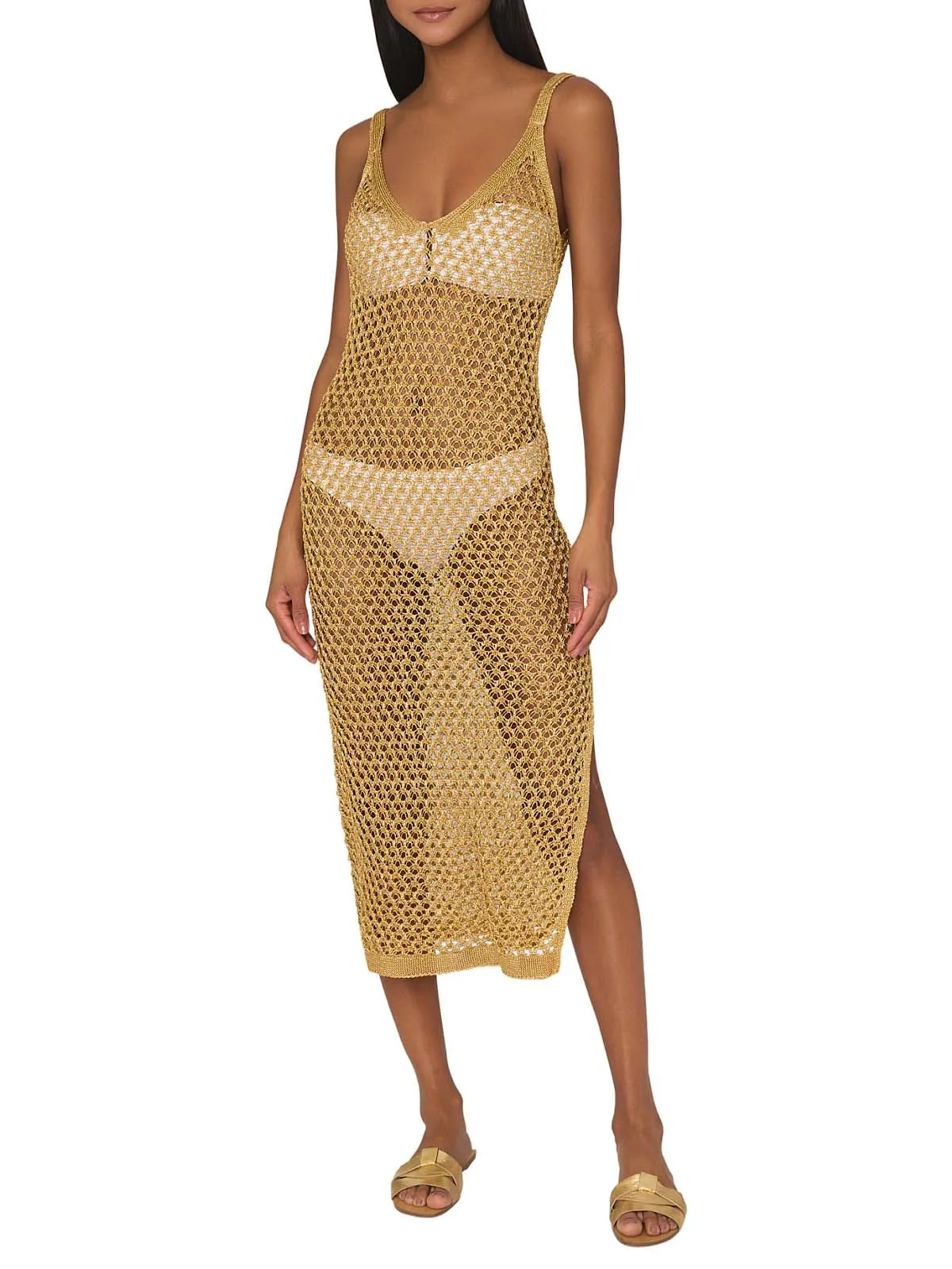 Metallic Mesh V Neck Midi Dress ::RET