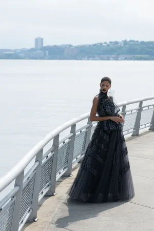 Metallic Nailhead Lace And Tulle Applique Pleated Gown WIth Blouson Top