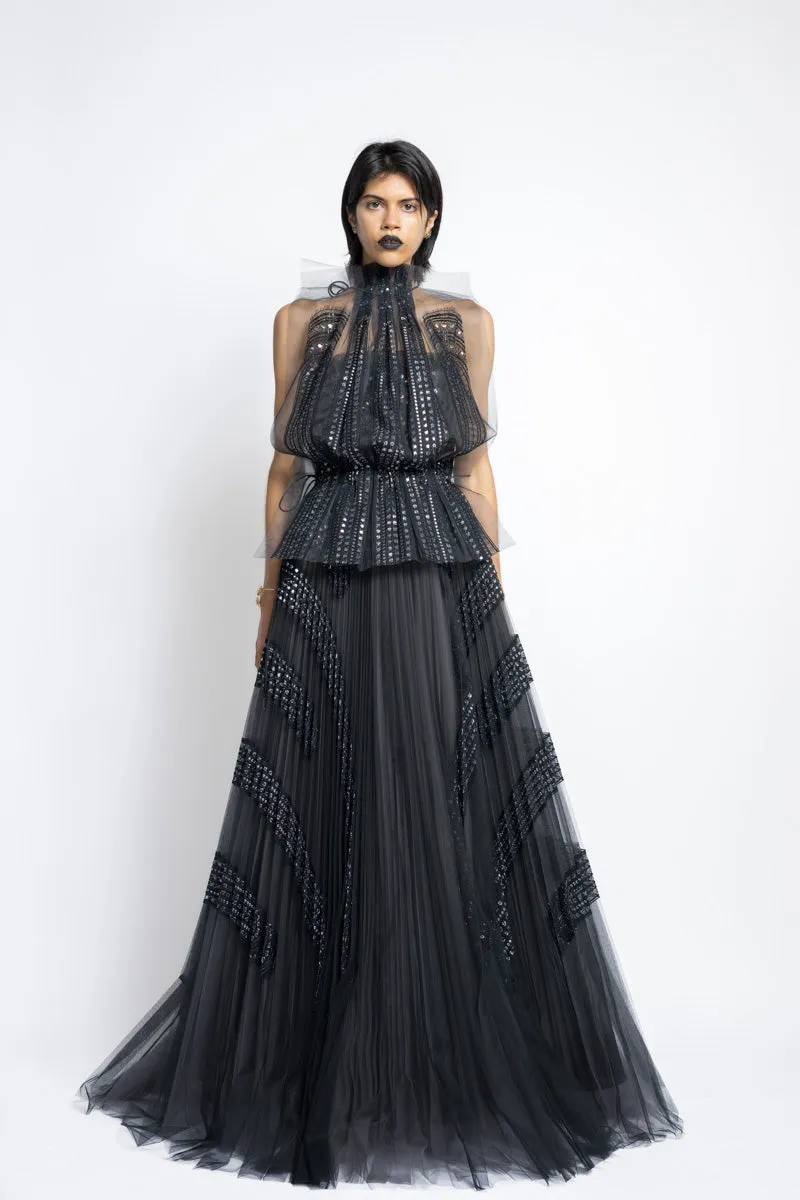 Metallic Nailhead Lace And Tulle Applique Pleated Gown WIth Blouson Top